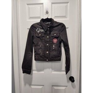 COOGI Cropped Black Denim Jacket Womens Junior Sz MEDIUM Embroidered Rhinestones